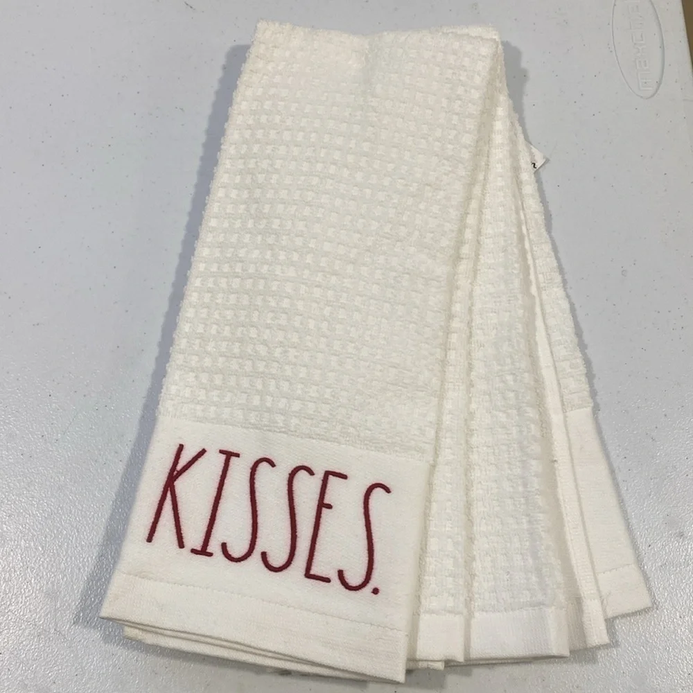 NWT Rae Dunn White Kitchen Towel with Red 'Hugs’ ‘Kisses’ Embroidery